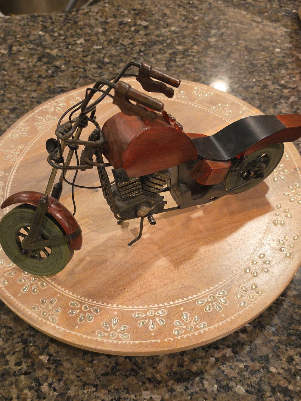 Handcrafted Brown & Green Wooden Motorcycle Decor - Home Accents